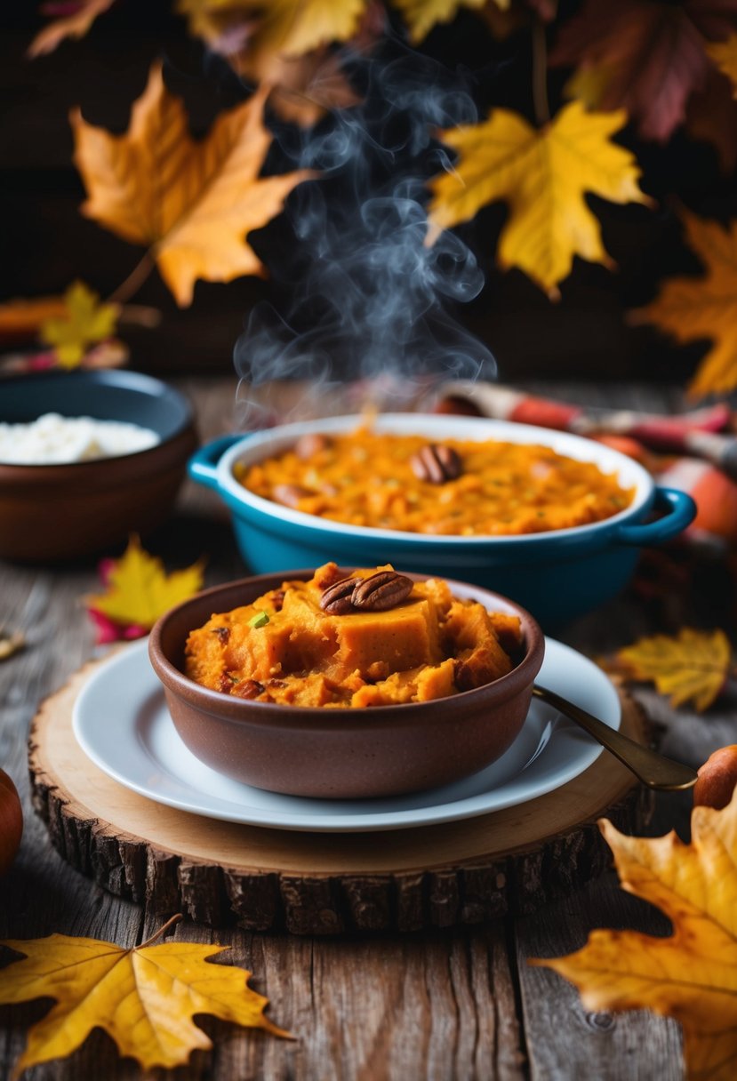 A rustic wooden table set with a steaming sweet potato casserole, surrounded by autumn leaves and a warm, cozy atmosphere