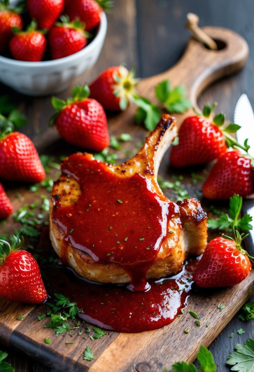 A sizzling pork chop coated in a glossy, deep red strawberry glaze, surrounded by fresh strawberries and herbs on a rustic wooden cutting board