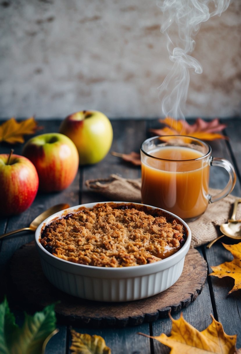 A rustic kitchen table with a steaming apple crisp, surrounded by autumn leaves and a warm mug of cider