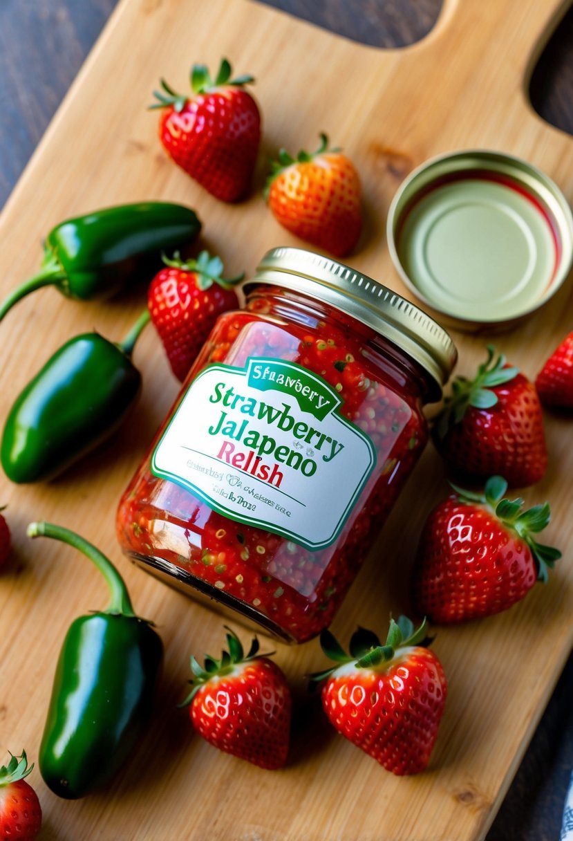 A jar of strawberry jalapeño relish surrounded by fresh strawberries and spicy jalapeños on a wooden cutting board