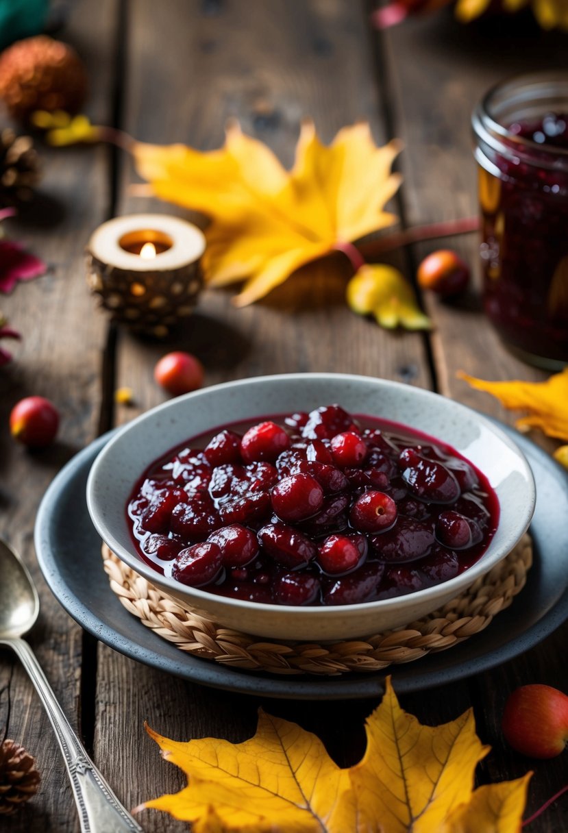 A rustic table setting with a bowl of cranberry sauce, surrounded by autumn leaves and seasonal decorations