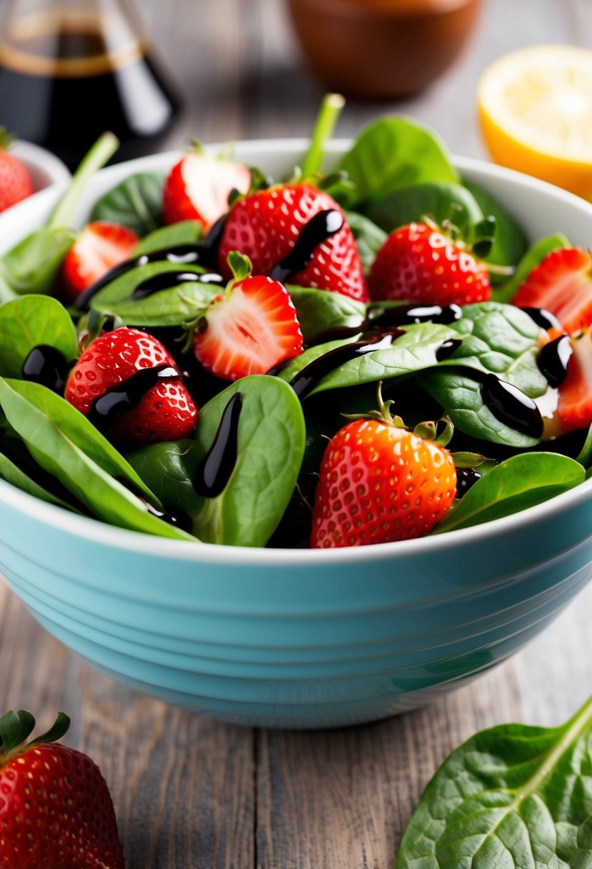 A colorful salad bowl filled with fresh spinach leaves, vibrant red strawberries, and drizzled with balsamic vinaigrette