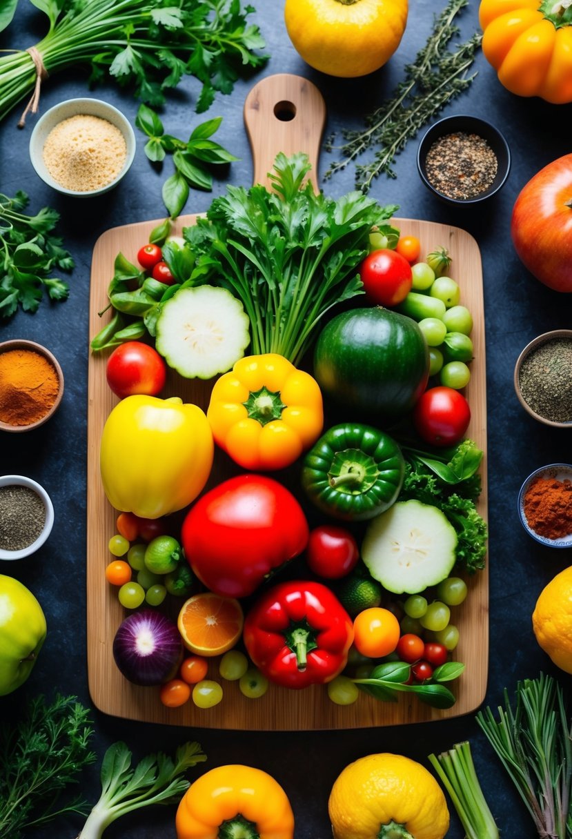 A spread of colorful, fresh vegetables and fruits arranged on a wooden cutting board, surrounded by a variety of herbs and spices