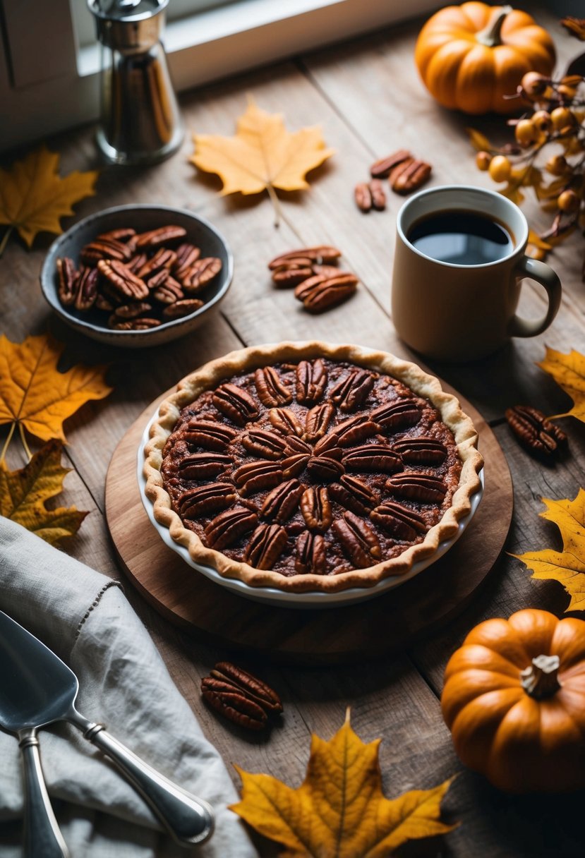 A rustic kitchen table with a freshly baked pecan pie, surrounded by autumn leaves and a warm mug of coffee