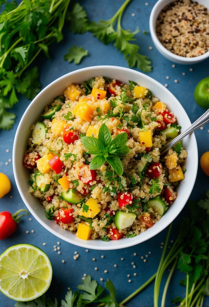 A colorful bowl of zesty quinoa salad surrounded by fresh vegetables and herbs