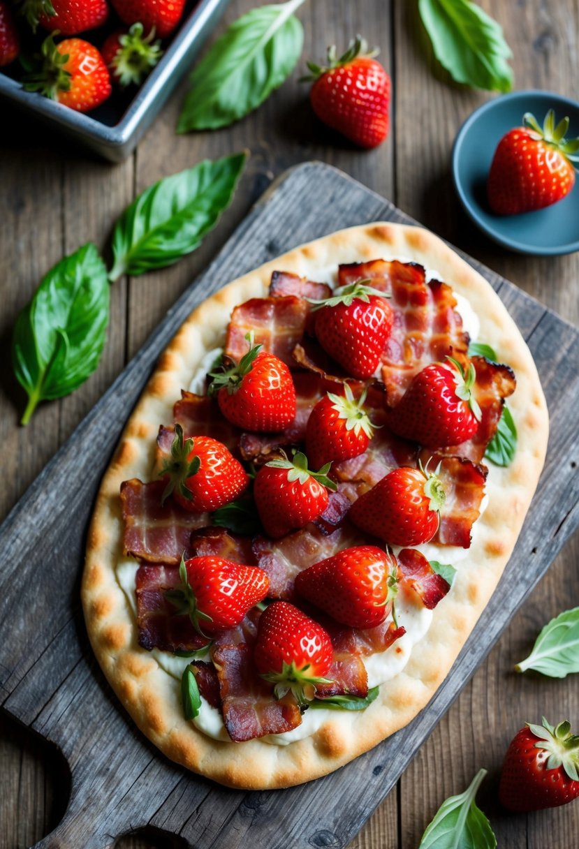 A rustic wooden table with a freshly baked flatbread topped with crispy bacon and vibrant red strawberries, surrounded by scattered basil leaves