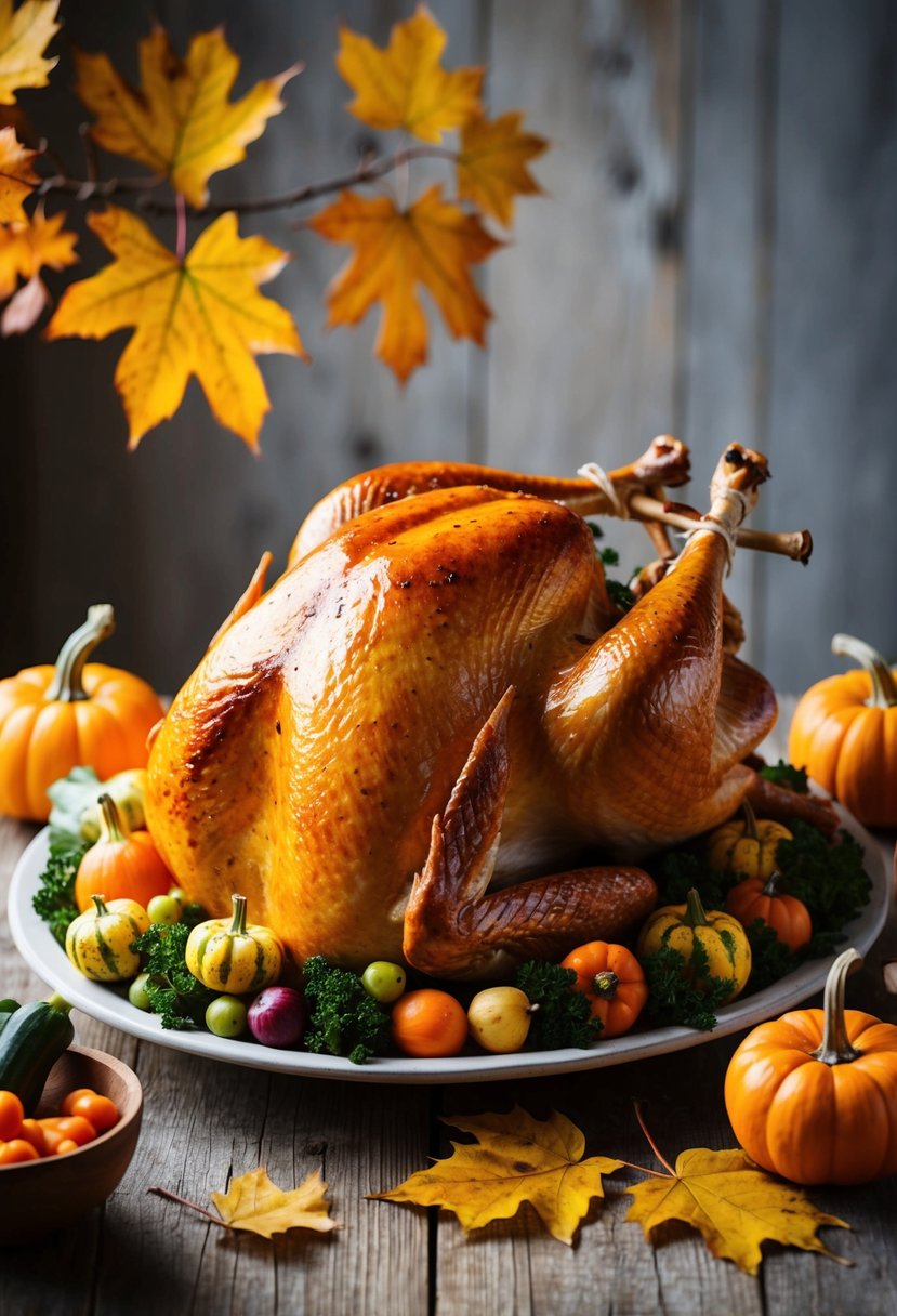 A golden-brown roasted turkey surrounded by autumn leaves and seasonal vegetables on a rustic wooden table