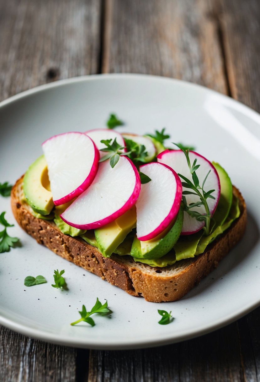 A plate of avocado toast topped with sliced radishes, garnished with fresh herbs, on a rustic wooden table