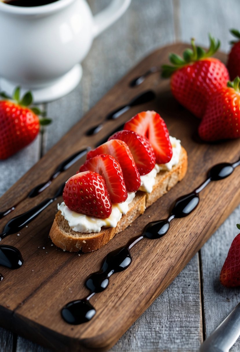 A rustic wooden board topped with strawberry goat cheese crostini, surrounded by fresh strawberries and a drizzle of balsamic glaze