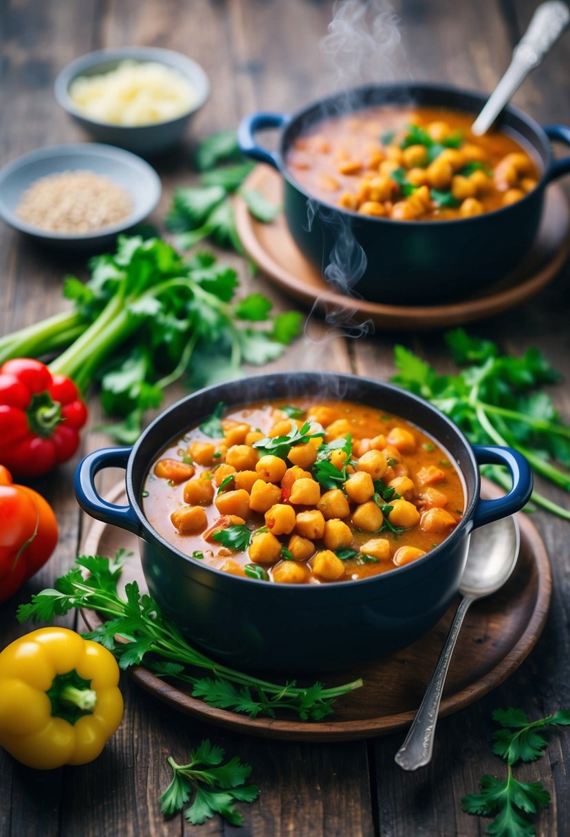 A steaming pot of spicy chickpea stew surrounded by fresh vegetables and herbs on a rustic wooden table