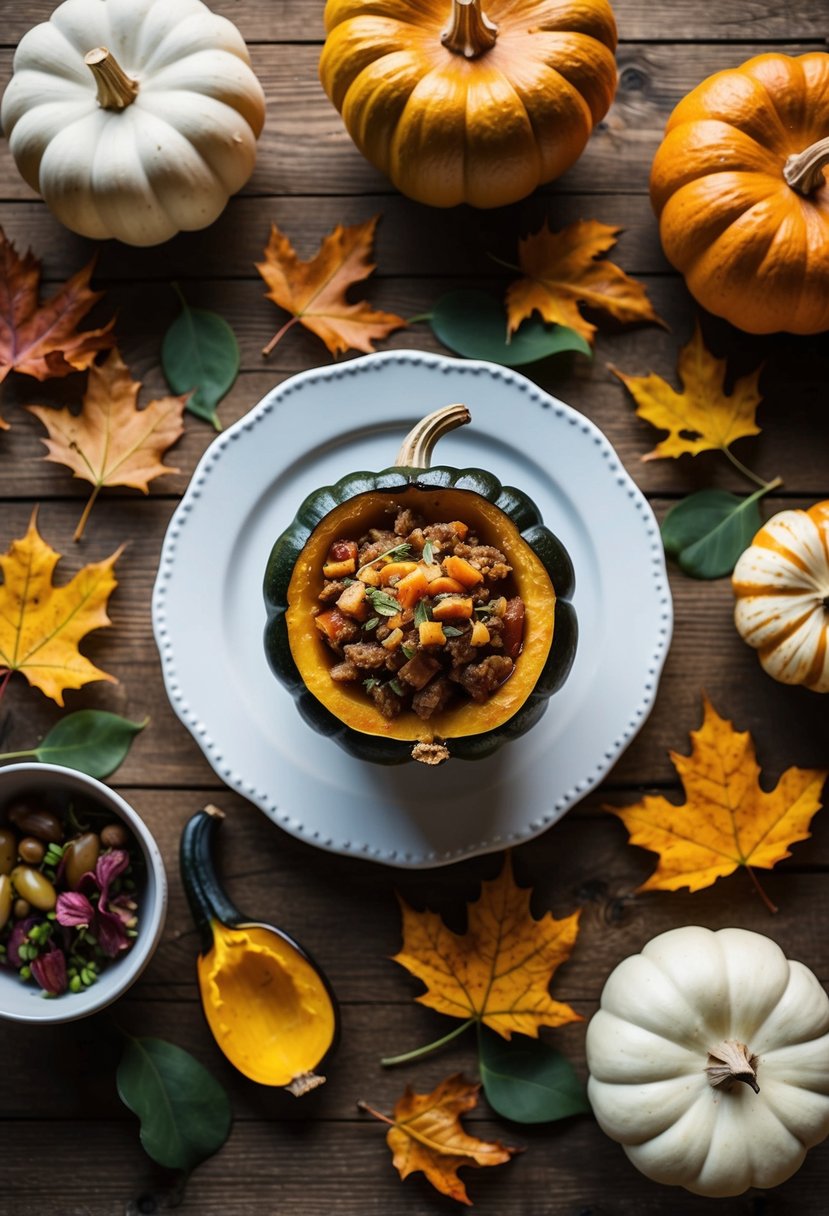 A rustic wooden table with a roasted stuffed acorn squash, surrounded by autumn leaves and seasonal ingredients