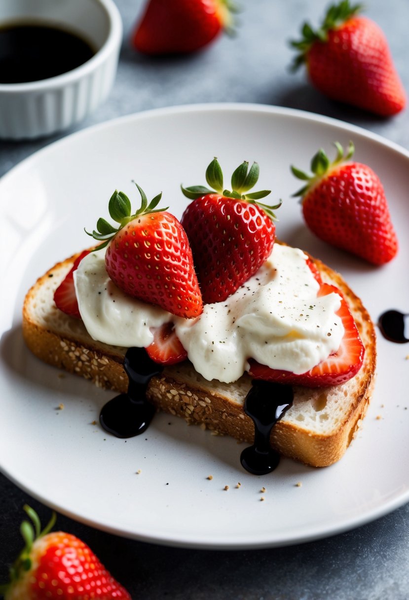 A slice of toasted bread topped with creamy ricotta cheese and fresh strawberries, sprinkled with a hint of black pepper and drizzled with balsamic glaze