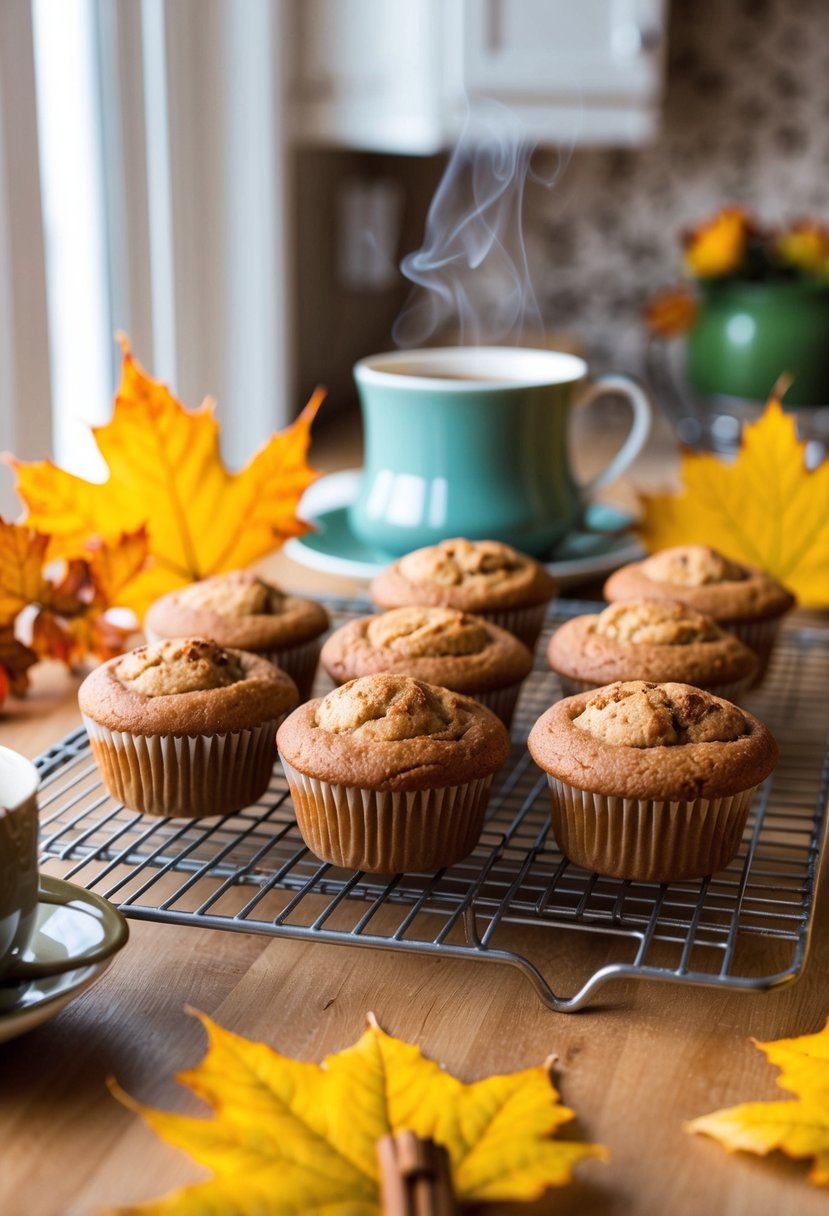 A kitchen counter with a cooling rack of freshly baked cinnamon apple muffins, surrounded by autumn leaves and a steaming cup of tea