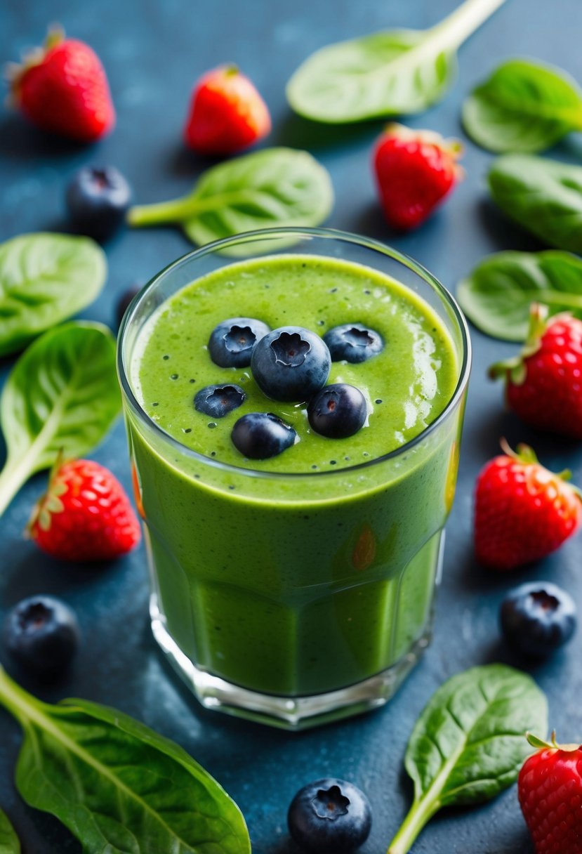 A glass filled with a vibrant green berry and spinach smoothie, surrounded by fresh berries and spinach leaves