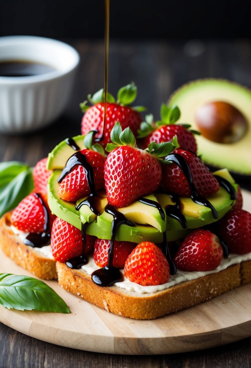 Fresh strawberries and avocados piled on toasted bread, drizzled with balsamic glaze, and garnished with basil leaves