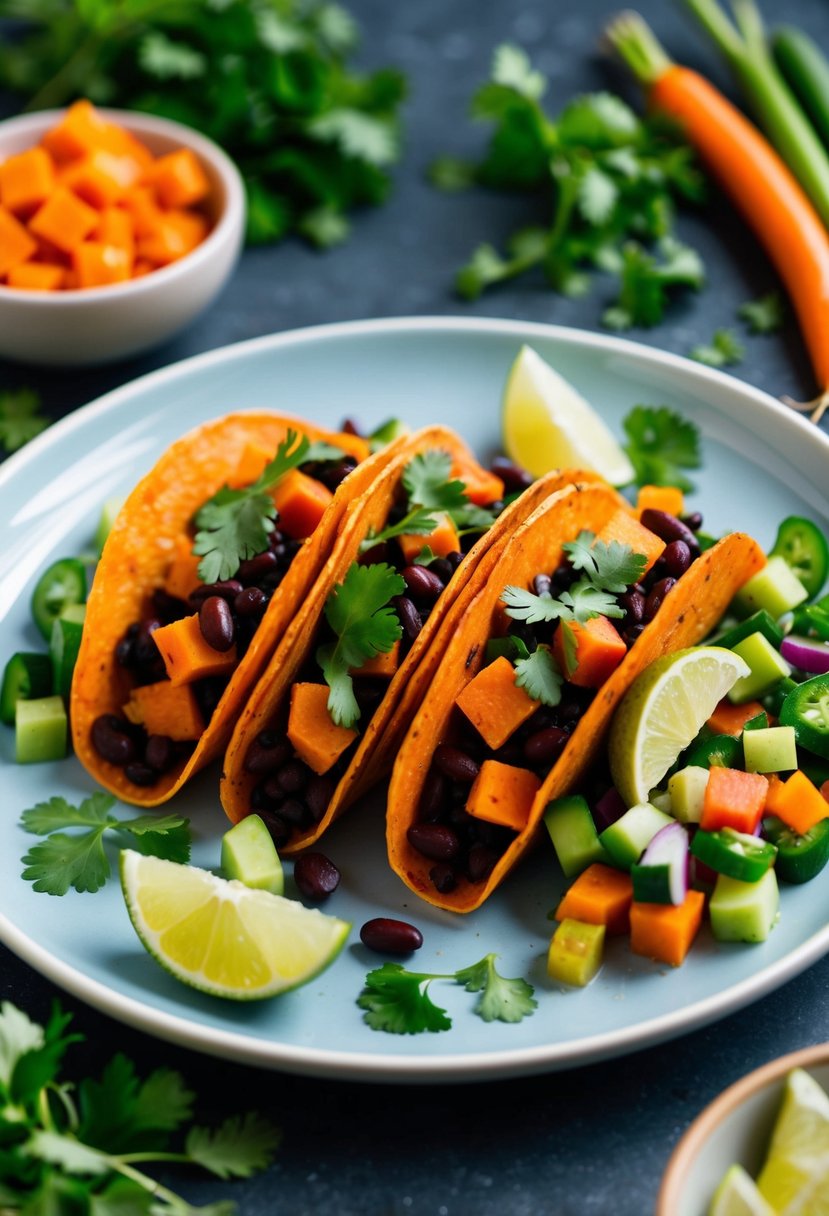 A colorful array of sweet potato and black bean tacos surrounded by fresh vegetables and herbs on a plate