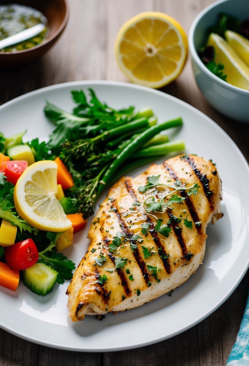 A plate of grilled lemon herb chicken with a side of steamed vegetables and a colorful salad, all arranged in an appetizing and healthy manner