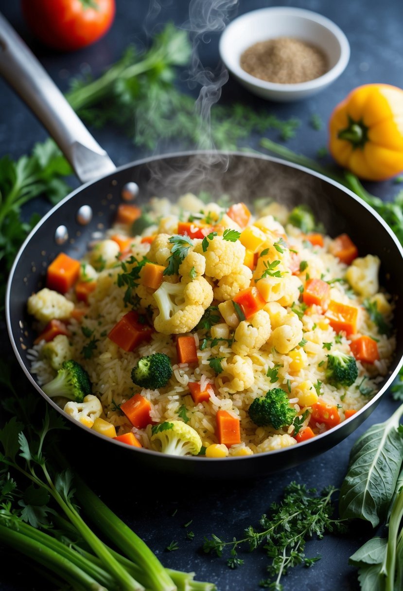 A sizzling pan of colorful vegetables and cauliflower rice, steaming and fragrant, surrounded by fresh herbs and spices