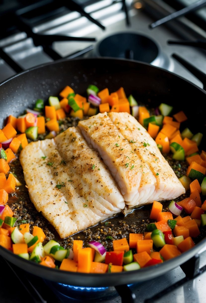 A seasoned tilapia fillet sizzling in a skillet on a gas stove, surrounded by colorful chopped vegetables and a sprinkle of herbs and spices