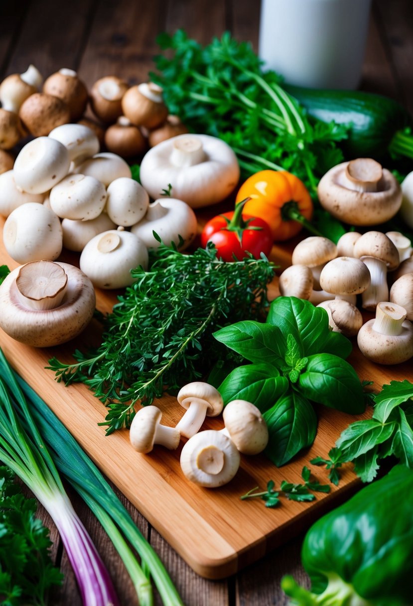 A variety of fresh mushrooms, herbs, and vegetables arranged on a wooden cutting board