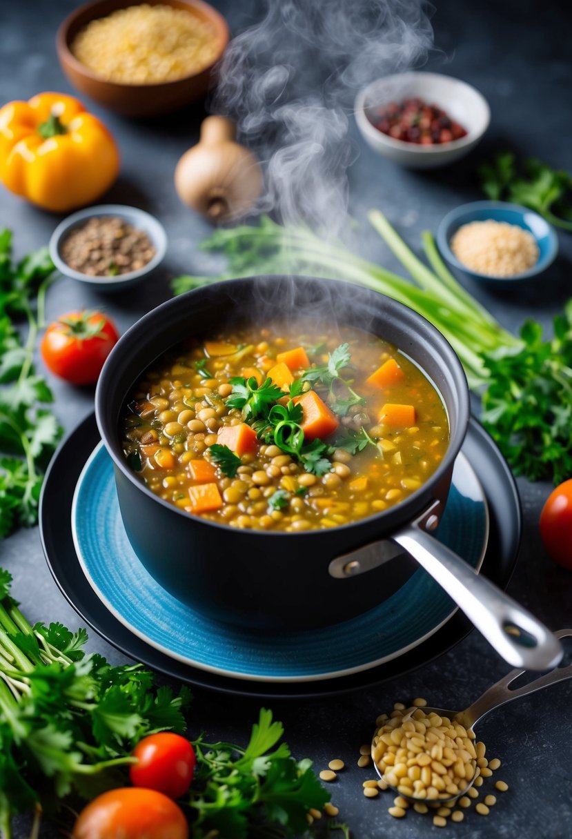 A steaming pot of lentil vegetable soup surrounded by fresh ingredients and a bowl