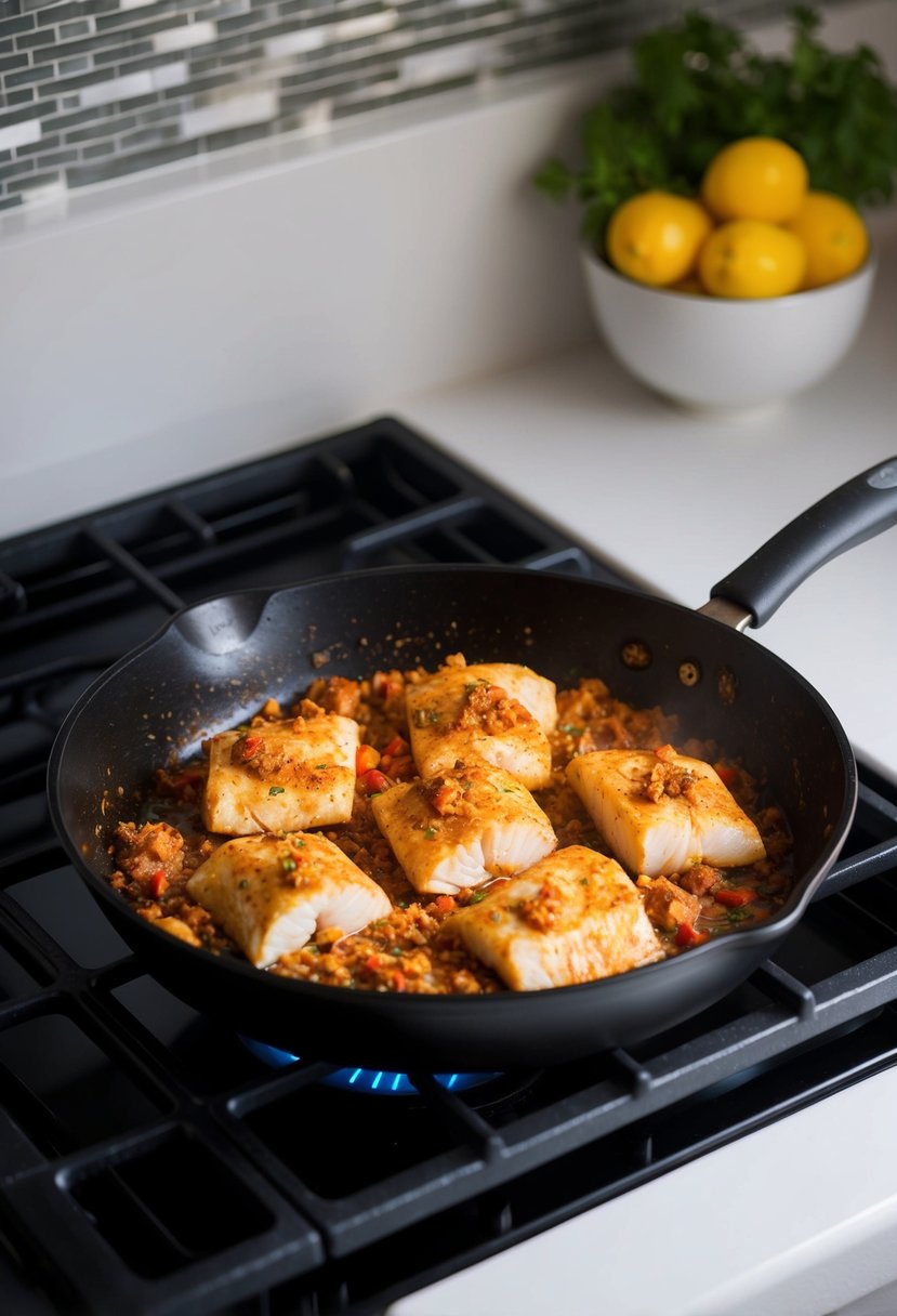 A skillet sizzling with Cajun spiced tilapia cooking on a stove top