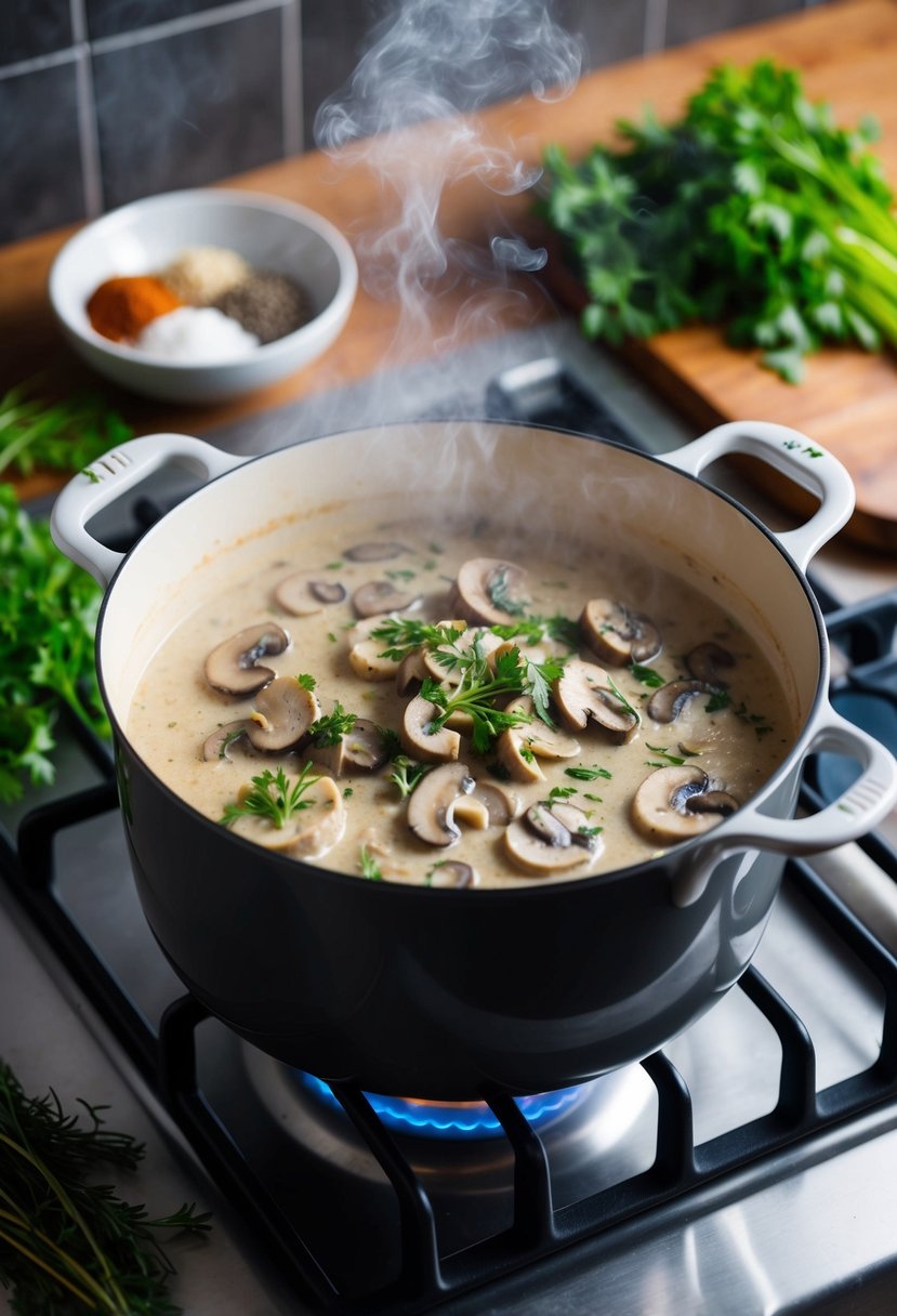 A steaming pot of creamy vegan mushroom stroganoff simmering on a stove, surrounded by fresh herbs and spices