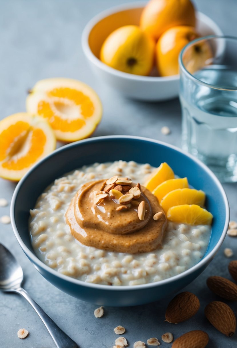 A bowl of oatmeal topped with almond butter, surrounded by fresh fruit and a glass of water