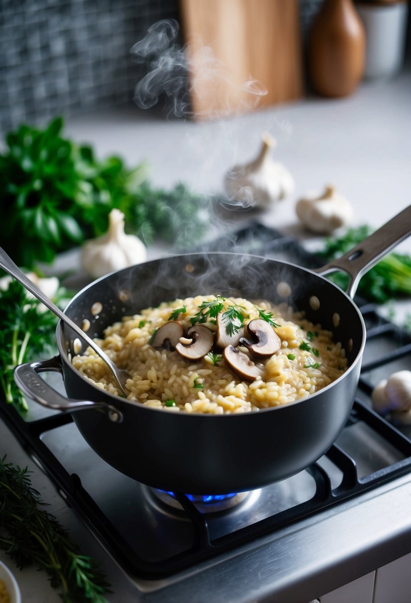 A steaming pot of garlic mushroom risotto simmering on a stove, surrounded by fresh herbs and ingredients