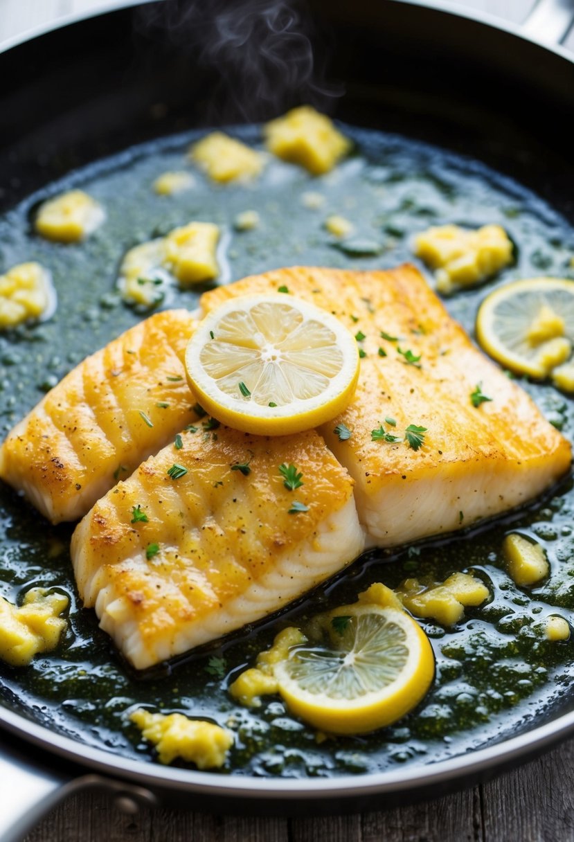 A sizzling tilapia fillet cooking in a skillet with bubbling lemon garlic butter sauce