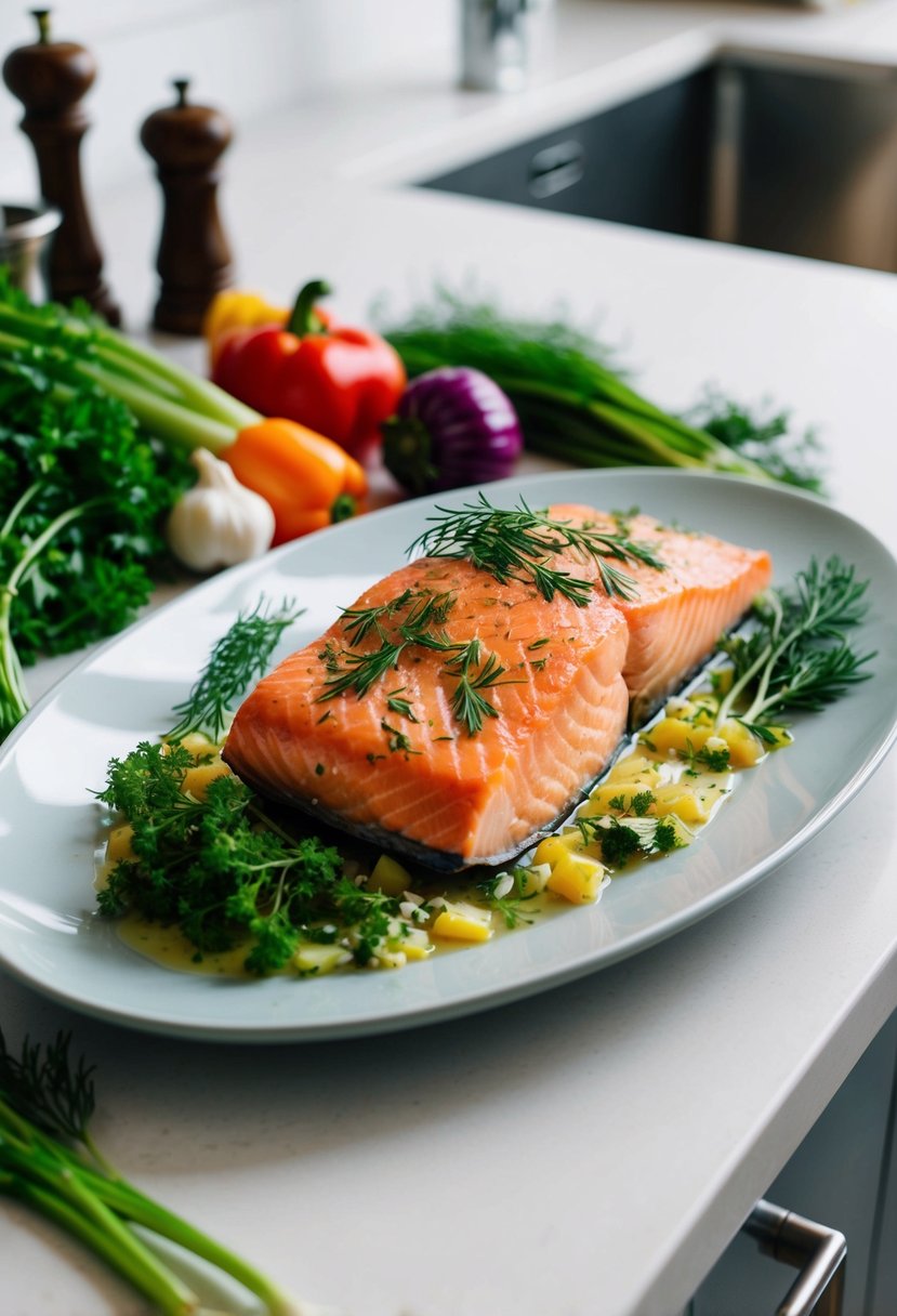 A plate of baked salmon with dill, surrounded by colorful vegetables and herbs, on a clean, modern kitchen counter