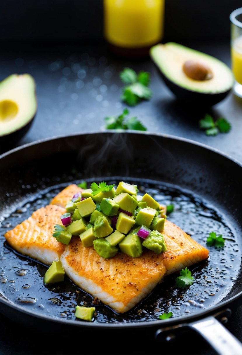 A sizzling tilapia fillet topped with vibrant avocado salsa in a hot skillet