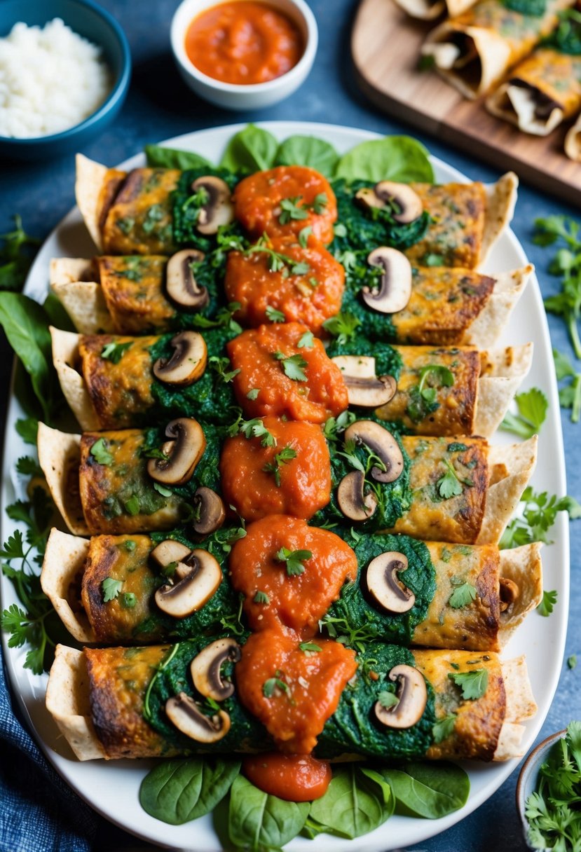 A colorful array of mushroom and spinach vegan enchiladas arranged on a serving platter, topped with a rich tomato sauce and sprinkled with fresh herbs