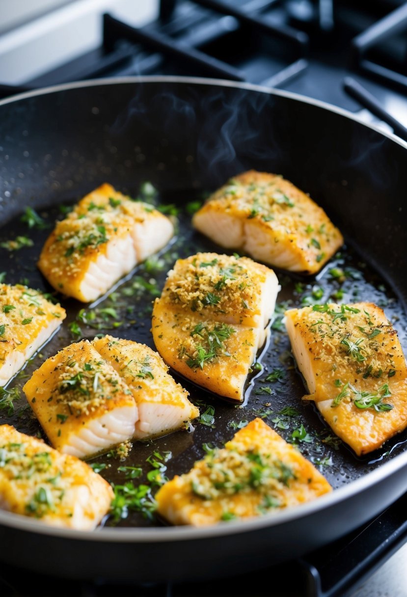 A skillet sizzling with herb-crusted tilapia fillets cooking on a stove top