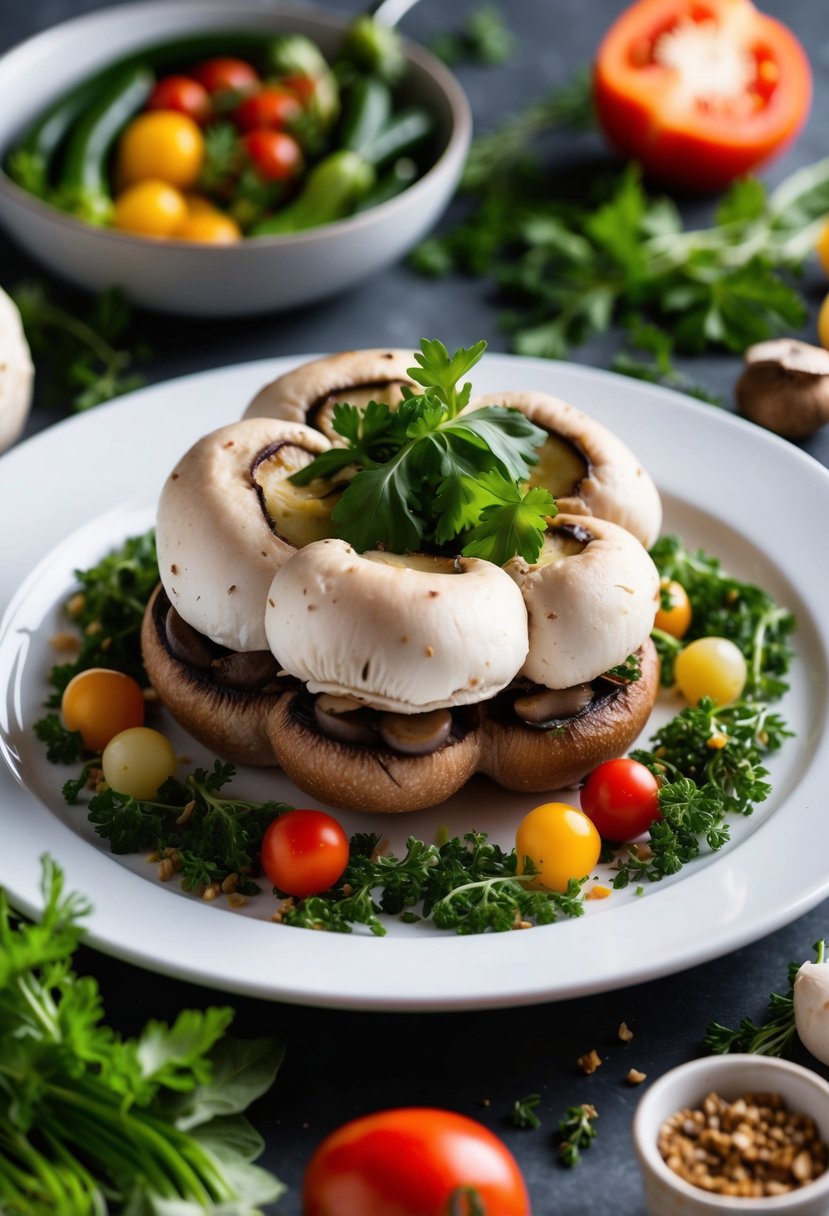 A beautifully plated Mushroom Wellington surrounded by fresh herbs and colorful vegetables