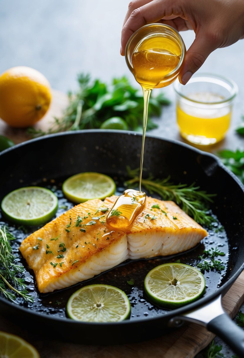 A sizzling tilapia fillet in a skillet, drizzled with honey and lime, surrounded by fresh herbs and citrus slices