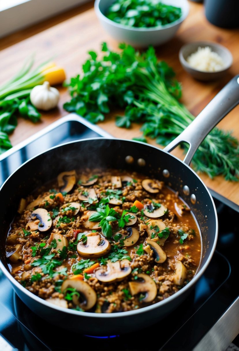 A bubbling pot of vegan mushroom bolognese simmers on a stovetop, with fresh herbs and vegetables scattered nearby