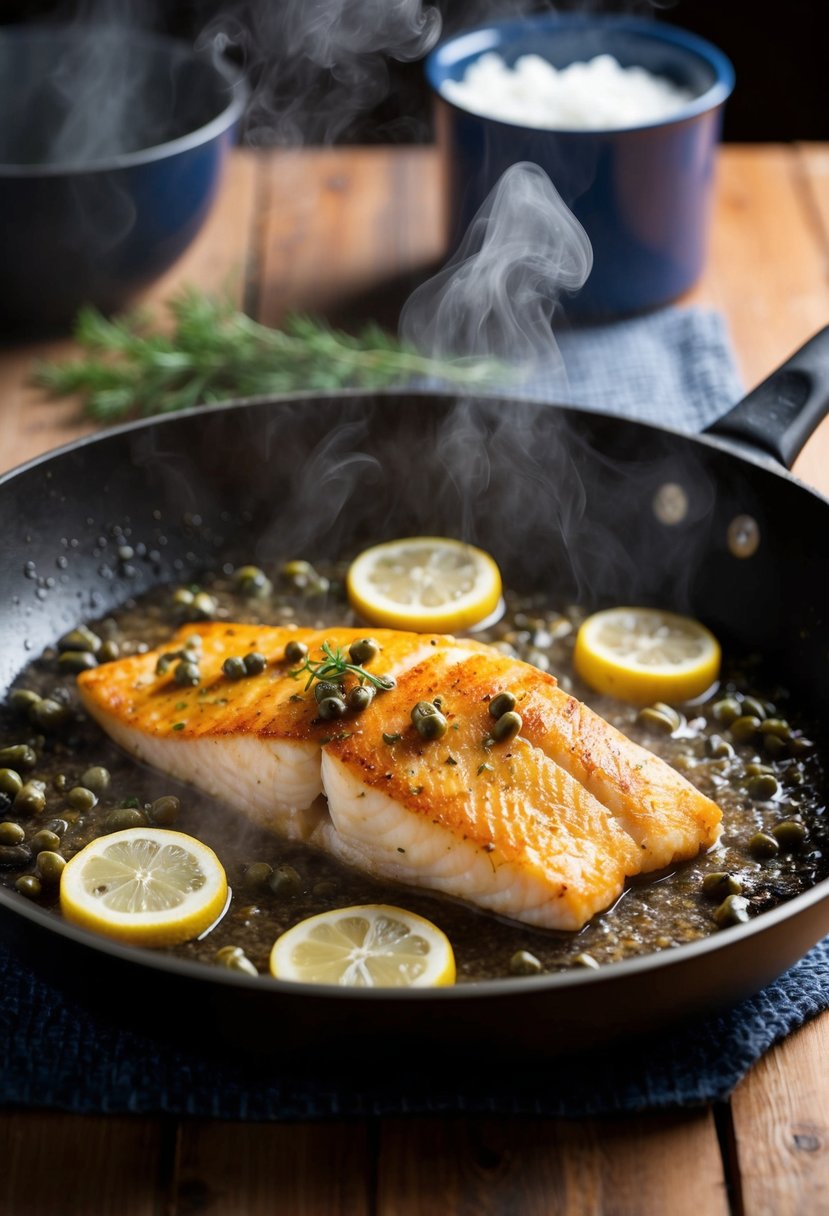 A sizzling tilapia fillet searing in a hot skillet, surrounded by capers and lemon slices, with steam rising from the pan