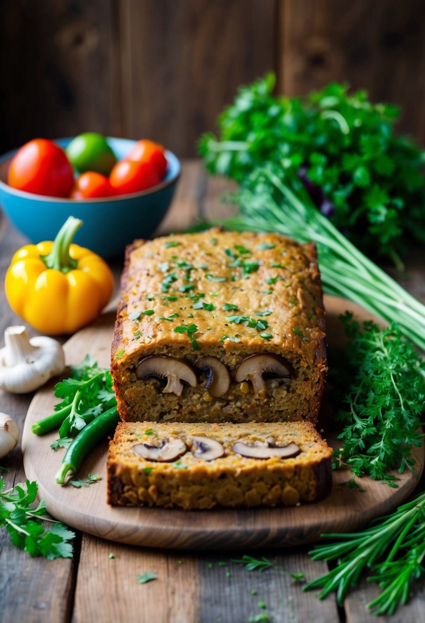 A hearty mushroom and lentil loaf sits on a rustic wooden table, surrounded by fresh herbs and colorful vegetables