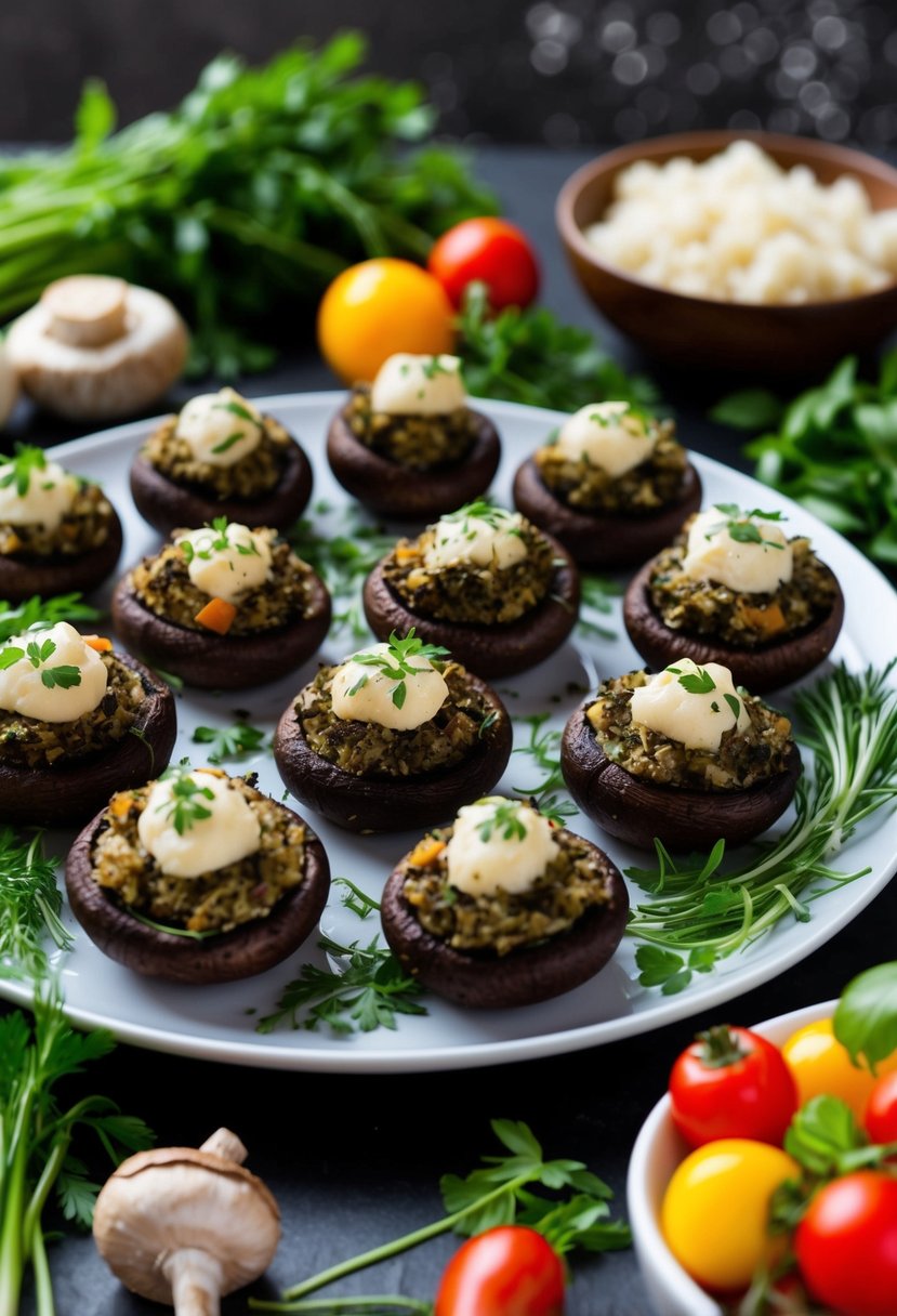 A platter of stuffed Portobello mushrooms surrounded by fresh herbs and colorful vegetables