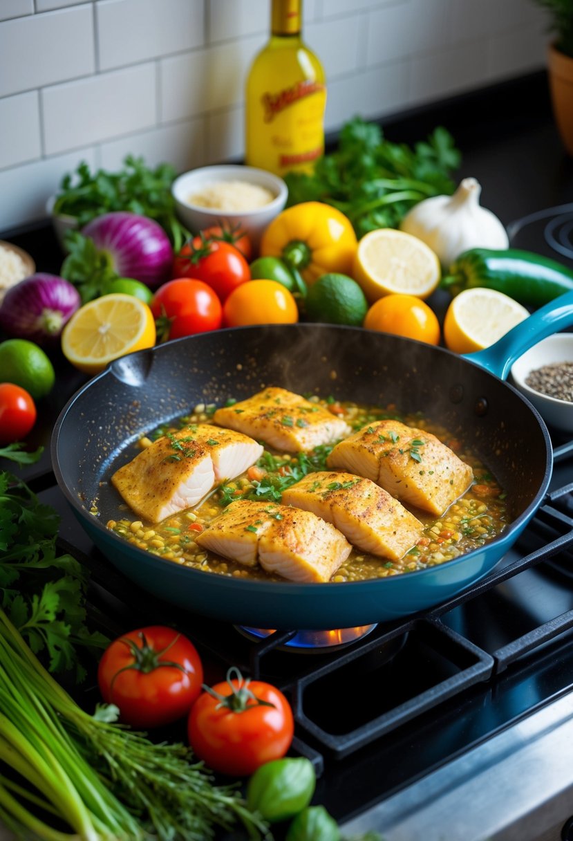 A colorful array of fresh Mediterranean ingredients surrounding a sizzling skillet of seasoned tilapia cooking on a stove top