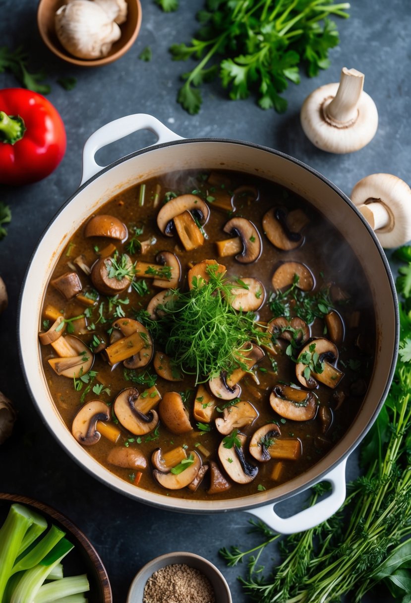 A simmering pot of Mushroom Bourguignon surrounded by fresh herbs and vegetables