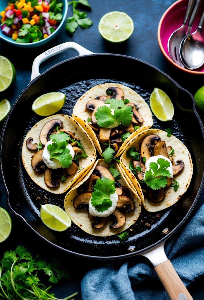 A sizzling skillet of vegan mushroom tacos, topped with fresh cilantro and lime wedges, surrounded by colorful ingredients and cooking utensils