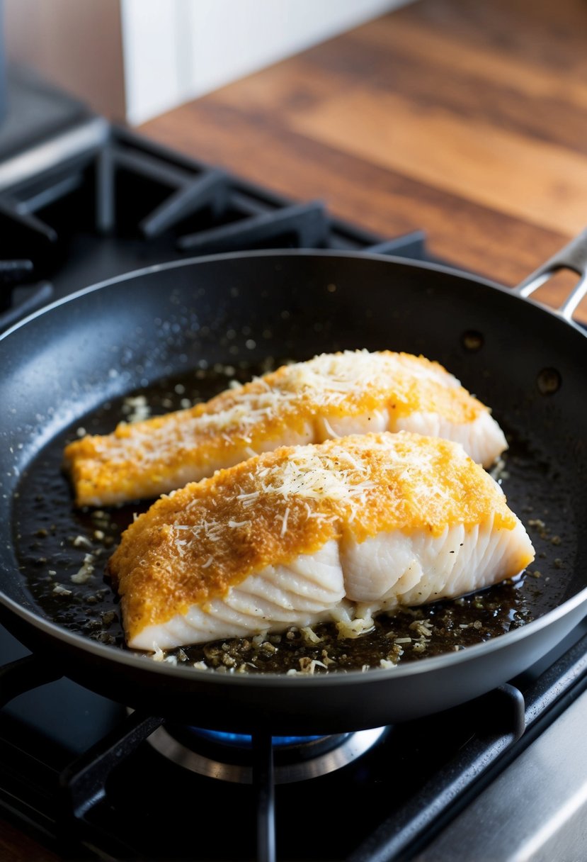 A fillet of tilapia coated in parmesan sits sizzling in a skillet on a stove top