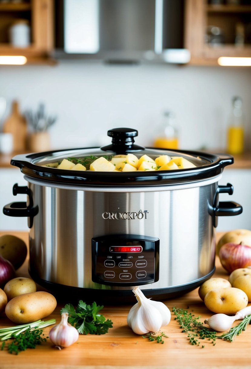 A crockpot surrounded by various ingredients such as potatoes, onions, garlic, and herbs on a kitchen counter