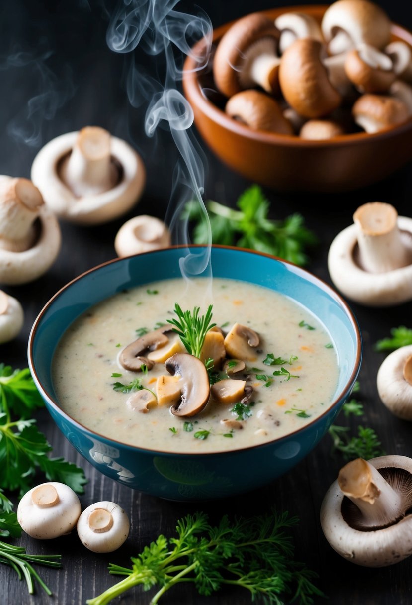 A steaming bowl of creamy wild mushroom soup surrounded by a variety of fresh mushrooms and herbs