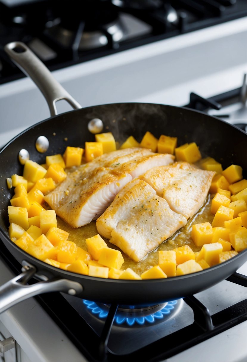 A sizzling tilapia fillet surrounded by diced pineapple and mango in a hot skillet on a stove top