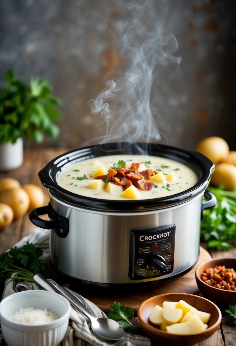 A steaming crockpot filled with creamy potato bacon chowder, surrounded by fresh ingredients and a rustic kitchen backdrop