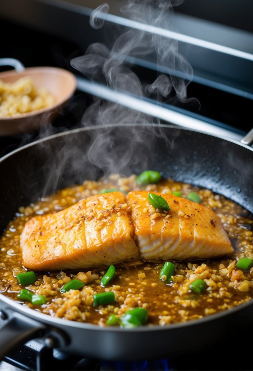 A sizzling tilapia fillet cooks in a ginger soy marinade on a hot stove top. Steam rises from the skillet as the fish caramelizes and the flavors meld together