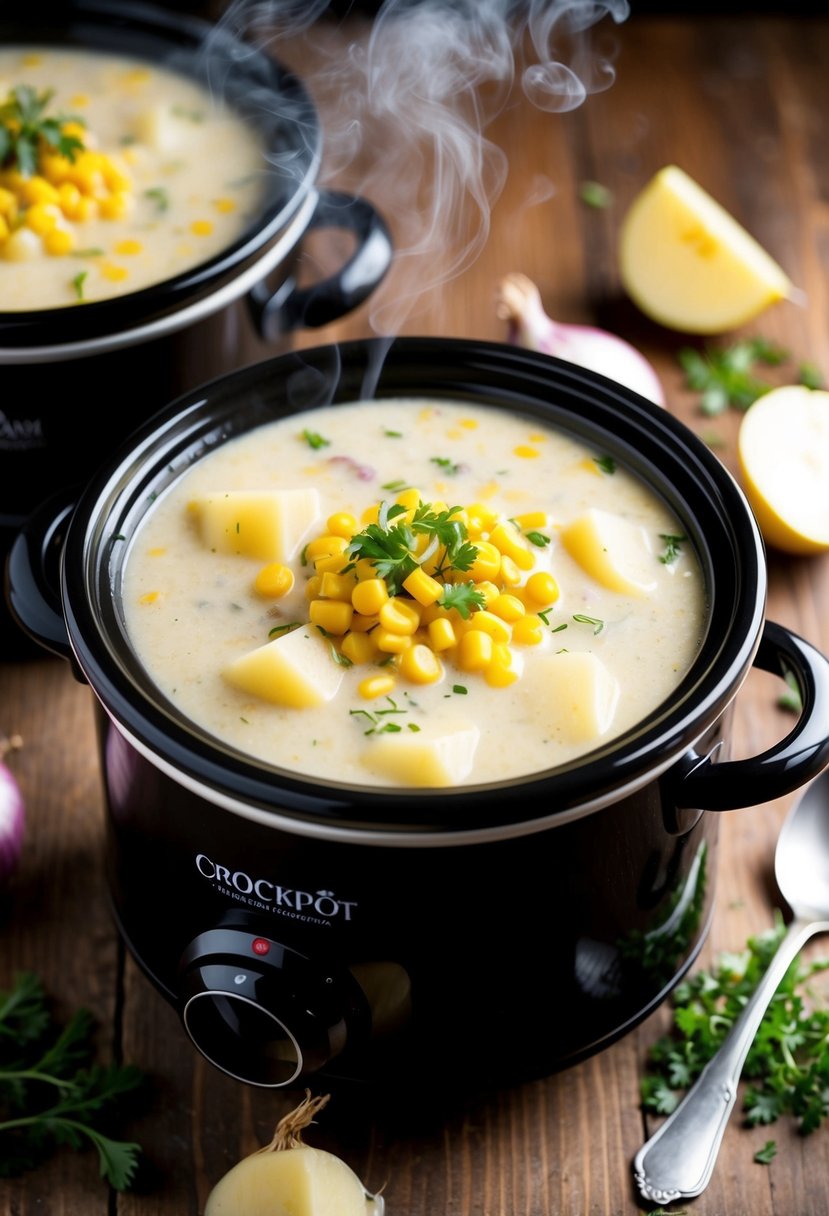 A crockpot filled with creamy potato and corn soup, steam rising. Onions and herbs scattered nearby